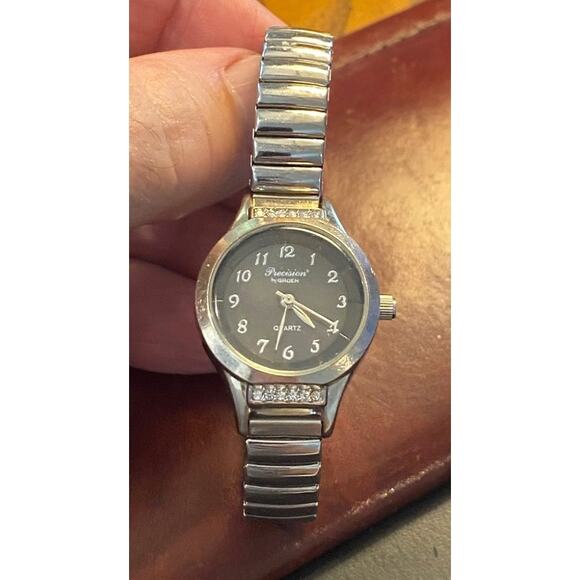 Women's Precision by Gruen Silver Tone Quartz Watch, Black Face - Picture 1 of 3
